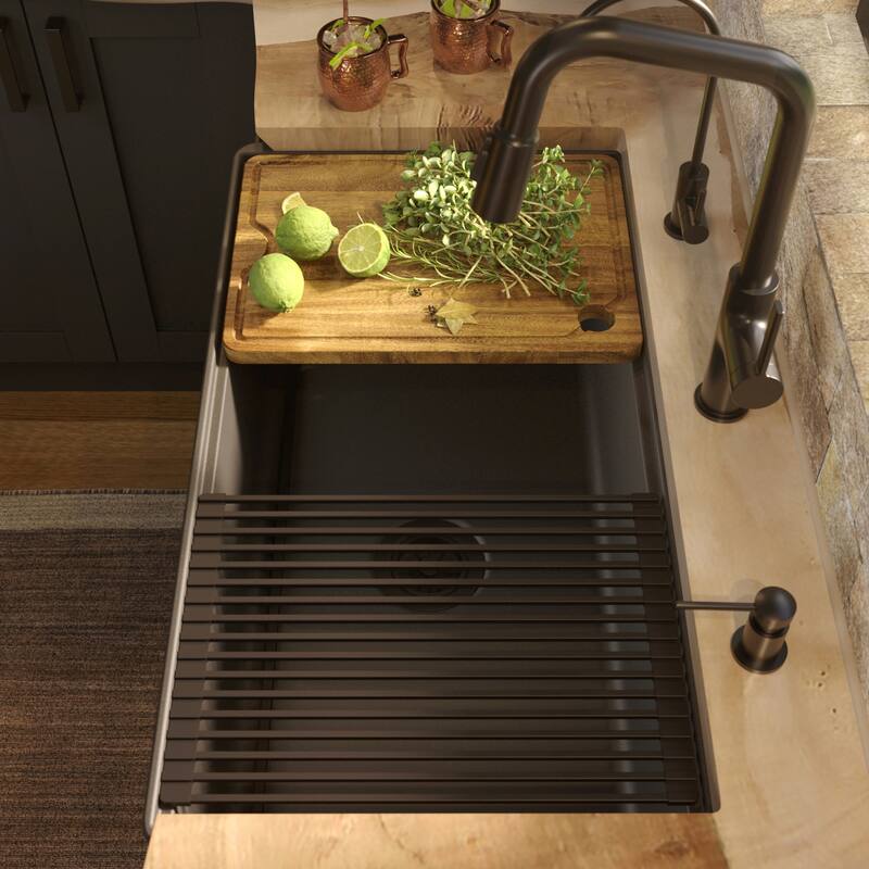 Karran 33" Single Bowl Workstation Fireclay Kitchen Sink with Reversible Fluted Apron Front
