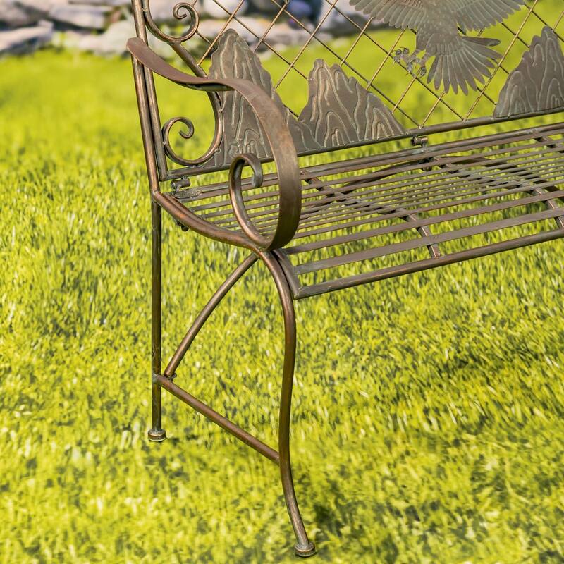 Round Top Iron Garden Bench with Flying Eagle Backrest "Klamath" - 43.7" L x 20.47" W x 37.4" H