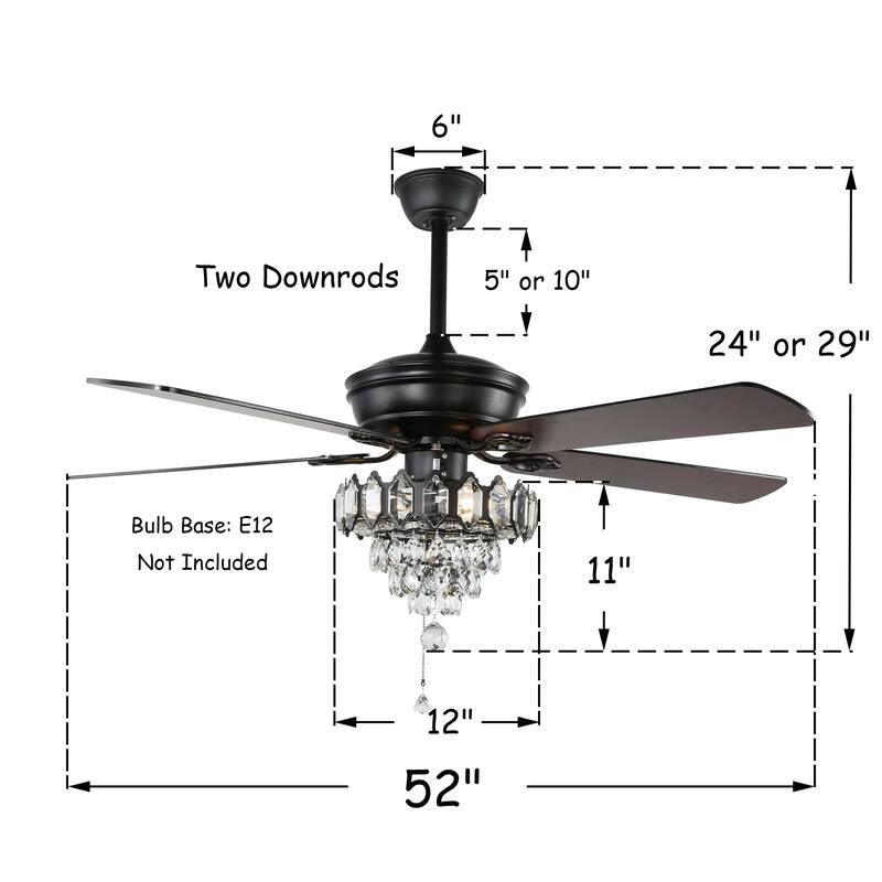 Bella Depot 52" Crystal Ceiling Fan with Reversible Blades, Remote Control and Light Kit