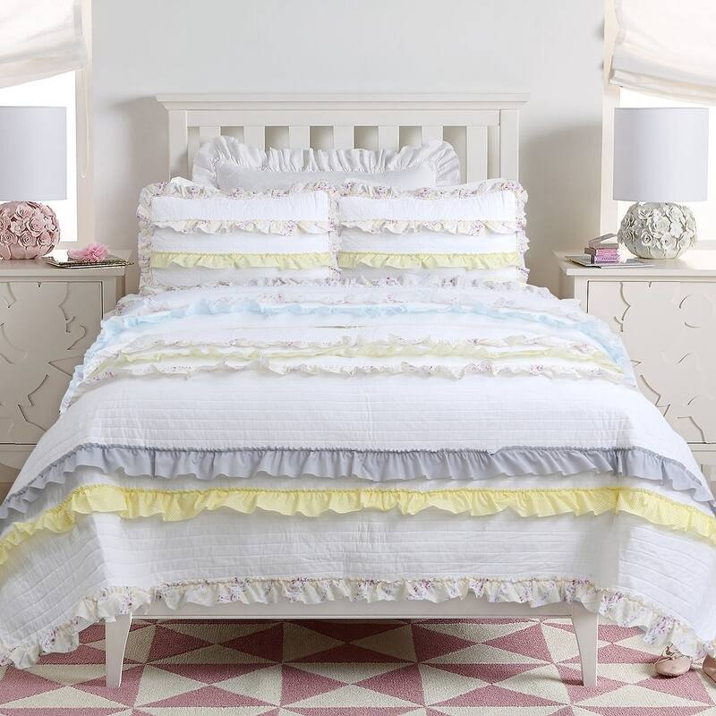 Cozy Line Tessa Ruffle Reversible Cottton Quilt Bedding Set - Queen - 3 Piece - Yellow/Grey