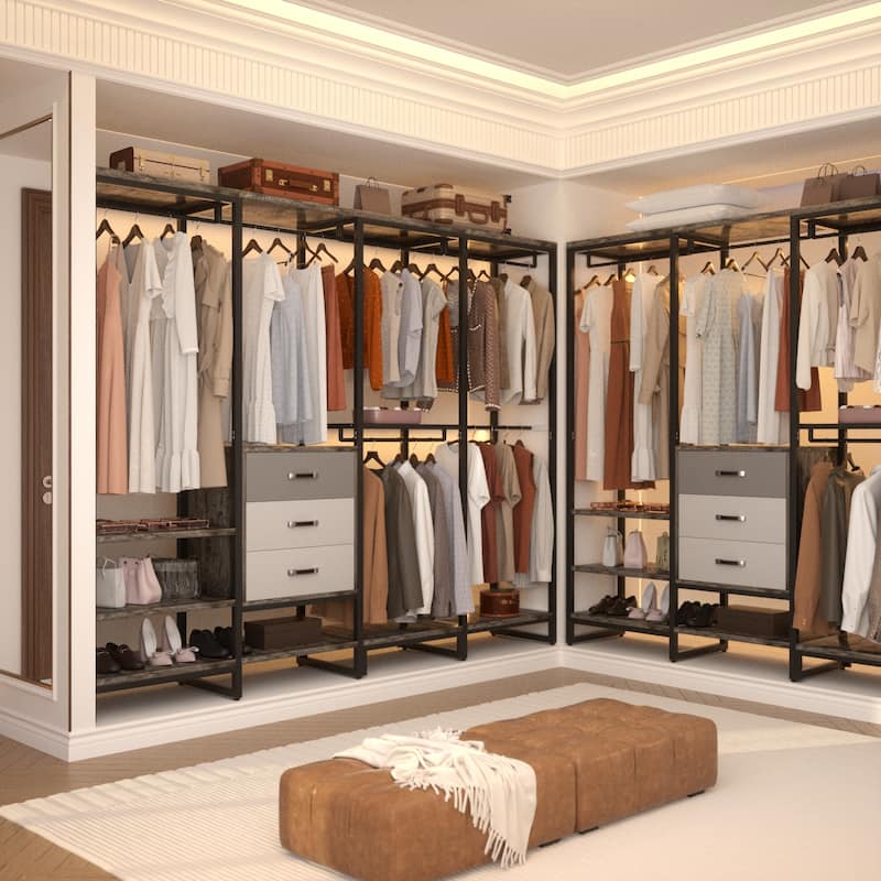 Rackcog 74-148'' W Closet System with 3 Wood Drawers and 11-Tier Storage Shelves,Multifunctional Walk-in Closet Organizer