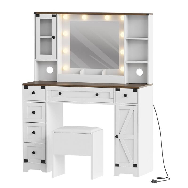 Makeup Vanity Desk with Mirror, Stool, 6 Drawers, 2 Cabinets, Charging Station