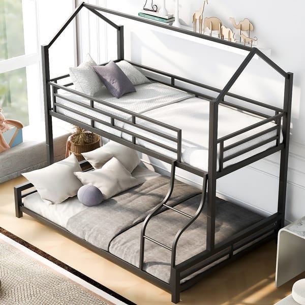 slide 2 of 12, Contemporary Design Metal House Bunk Bed with Roof, Safety and Convenience, Twin over Full, Black