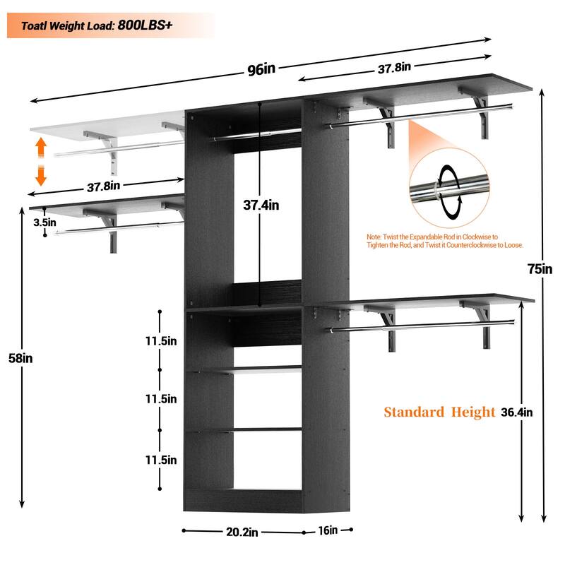 96'' W Adjustable Closet Organizer System for Walk-in and Reach-in Closet