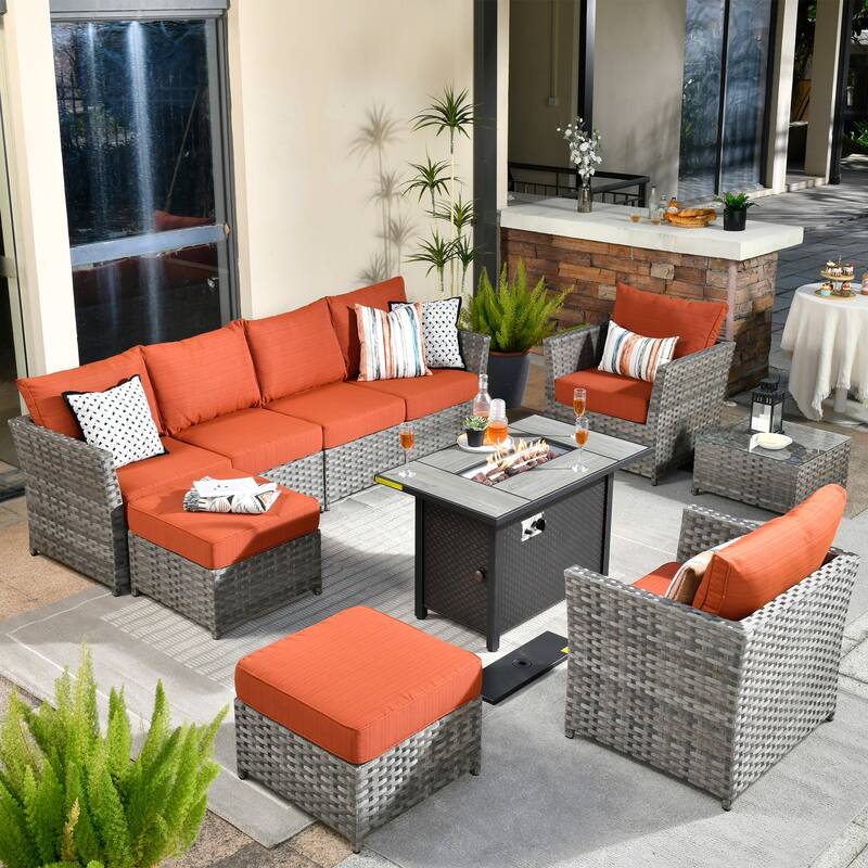 XIZZI 10-piece Patio Furniture Outdoor Sectional Sofa Set with Fire Pit - Red/Orange