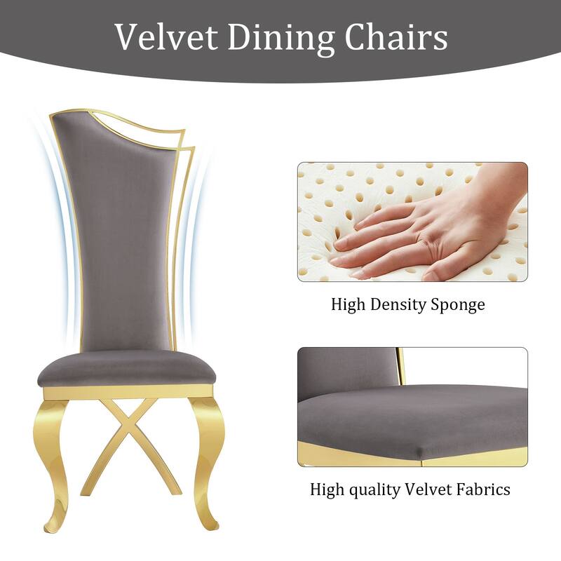 Gray Velvet Upholstered Dining Chairs with high Back and Mirror X-Shaped Metal Legs