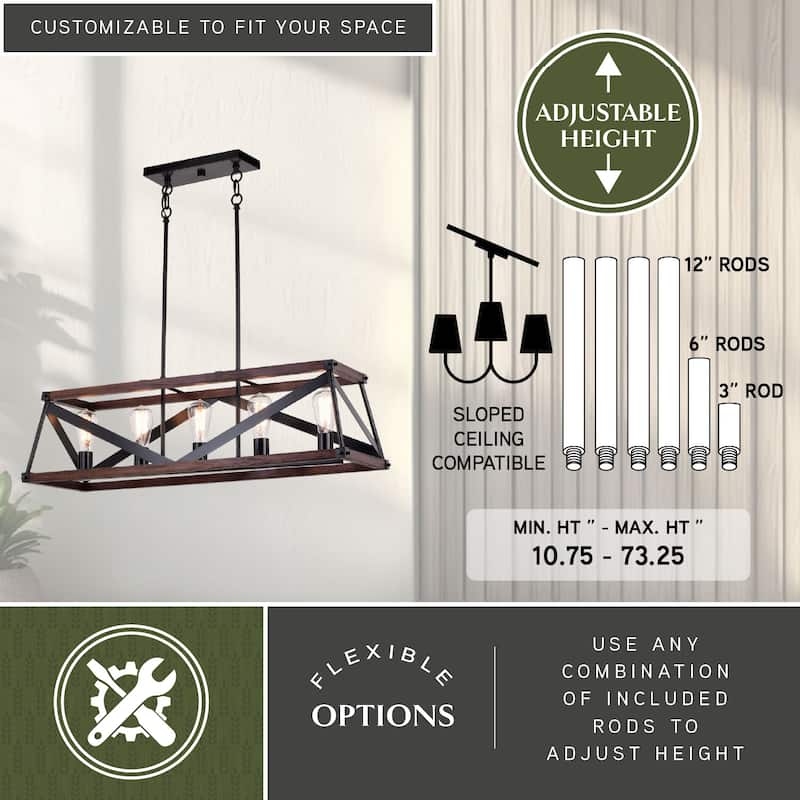 Wade 5L Black and Wood Rustic Cage Linear Chandelier Island Pendant Light Fixture - 36.75-in W x 10.75-in H x 12.75-in D