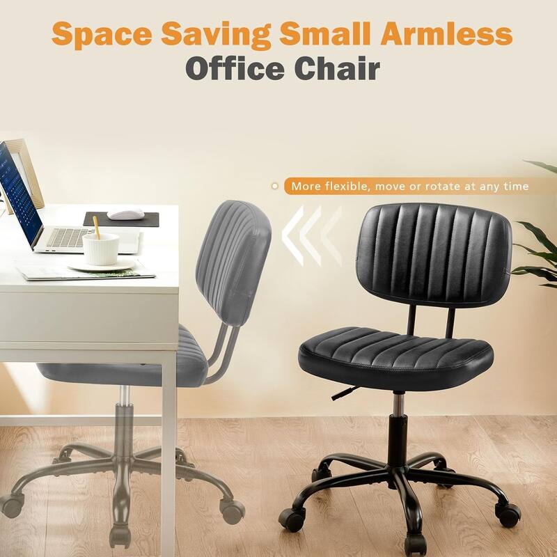 Small Office Computer Desk Chair with Wheels and Lumbar Support, Comfy Cute Armlees PU Leather Vanity Rolling Swuvel Task Chair