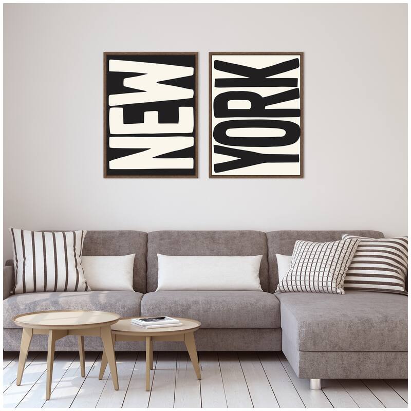 Kate and Laurel New York Set Print Travel City Typography Black and White 2 Piece Framed Canvas Wall Art Set by Lucky Guava