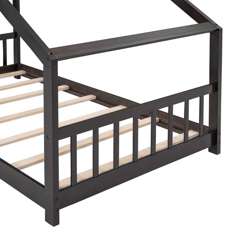 Wooden House Bed Frame with Headboard and Footboard, Cute Montessori Platform Bed with Roof for Kids, Teens, Boys or Girls