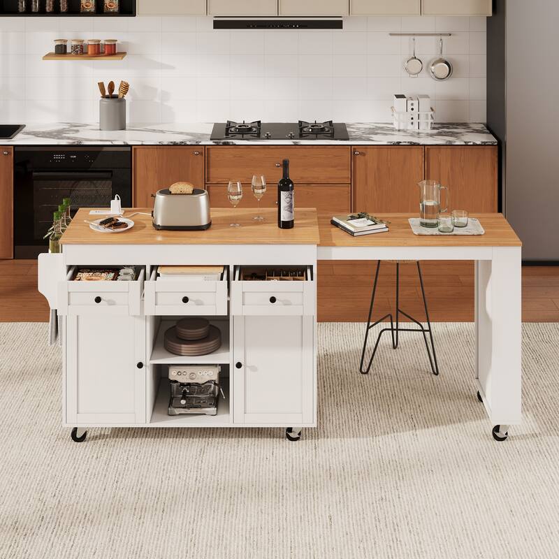 85.5"Kitchen Island with Extendable Dining Table, with 3 Side Open Shelves,Rolling Island with Power Outlet,3 Drawers,2 Doors