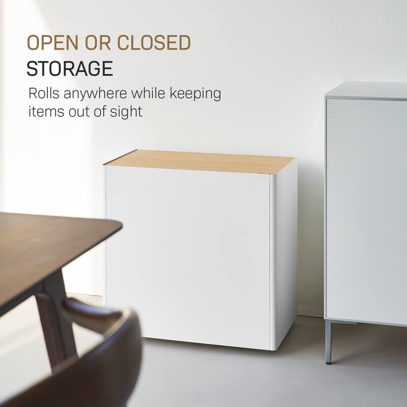 Yamazaki Home Mobile Hideaway Storage Cart, Steel and Wood, Wheels - L 13.9 x W 23.74 x H 23.23 inches