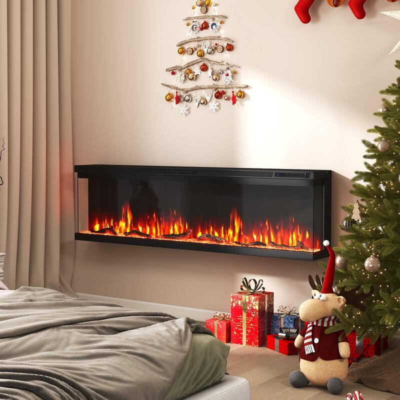Black 3-Sided Electric Fireplace with Remote and Panoramic Tempered Glass Flames 5000 BTU Heater