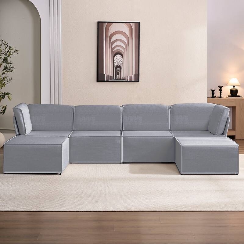 Mixoy Oversized Modular Sectional Sofa, U/L-Shaped Couch with Deep Seat, Ottoman, Convertible Modern Linen Sleeper Sofa Bed - Light Grey - Reversible