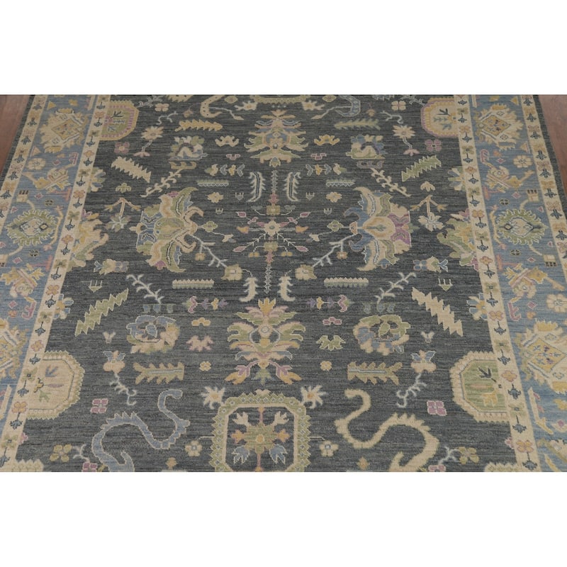 Vegetable Dye Floral Oushak Turkish Rug Hand-Knotted Grey Wool Carpet - 8'10" x 11'9"