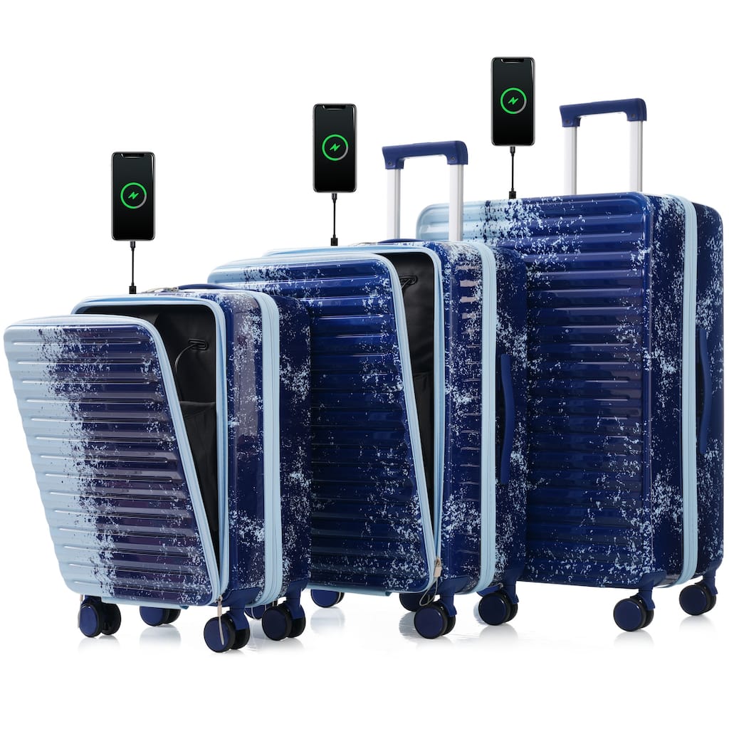 3 Piece Luggage Sets Expandable Suitcases with Front Pocket, TSA Lock USB Interface and Universal Wheel & Cup Holder