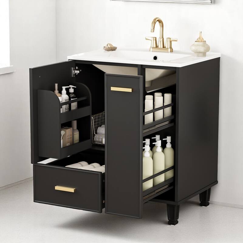 24" Bathroom Vanity with Sink, Freestanding Cabinet with Drawer, Pull-Out Basket & Shelf, Soft-Close Door, Ceramic Basin