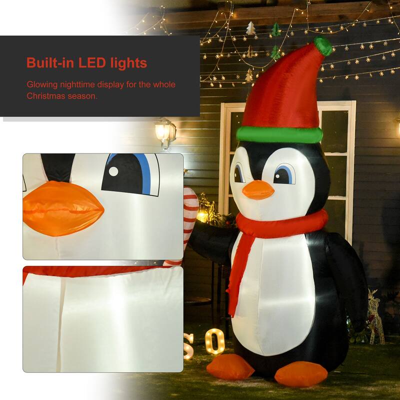 HOMCOM 8 ft. Penguin Inflatable Christmas Decoration with Candy Cane, Outdoor Blow-Up Cute Christmas Decoration