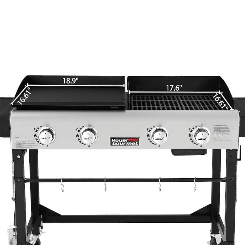 Royal Gourmet 4-Burner Portable Flat Top Gas Grill and Griddle Combo with Folding Legs, with Cover,Black & Silver