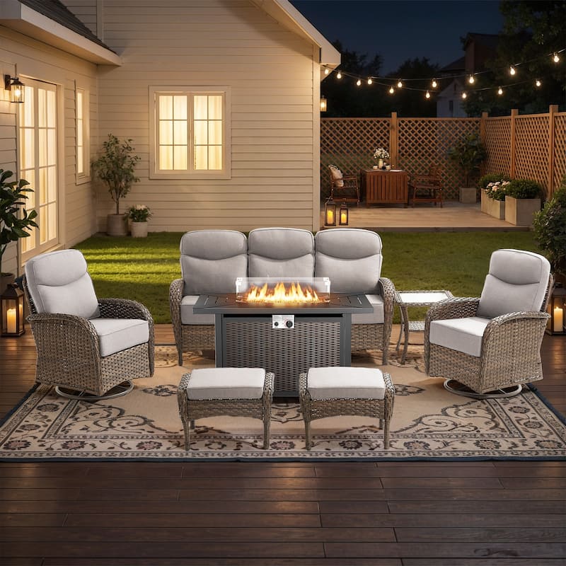Pocassy Outdoor Sofa Swivel Chair and Ottman with 43in Fire Pit Table - Brown Wicker Beige Cushion - 7-Piece Sofa Swivel Chiar Ottoman with Fire Table