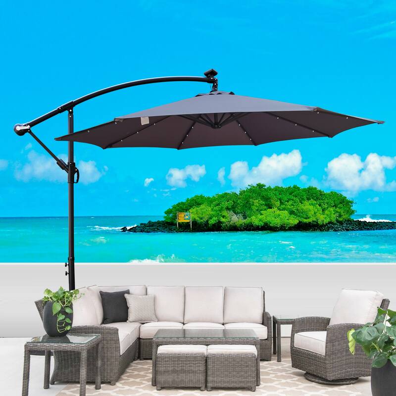 Outdoor Patio Umbrella Solar Powered LED Lighted Sun Shade Market Waterproof 8 Ribs Umbrella with Crank and Cross Base