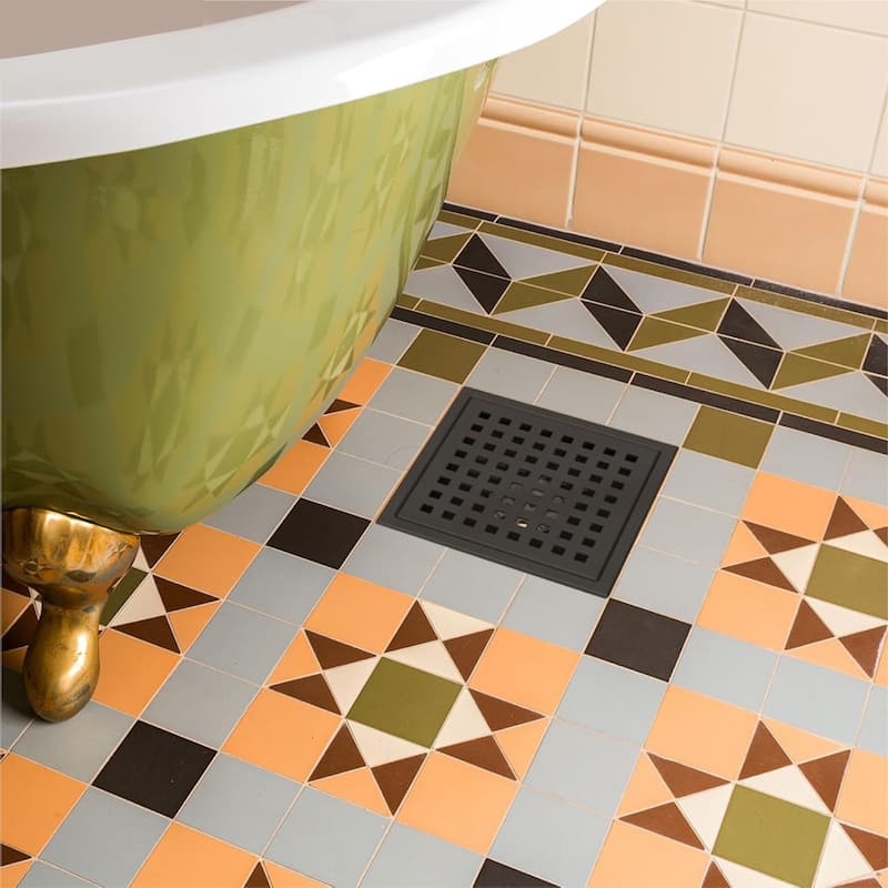 6-Inch Square Shower Floor Drain, Quadrato Pattern Grate - 6 inch