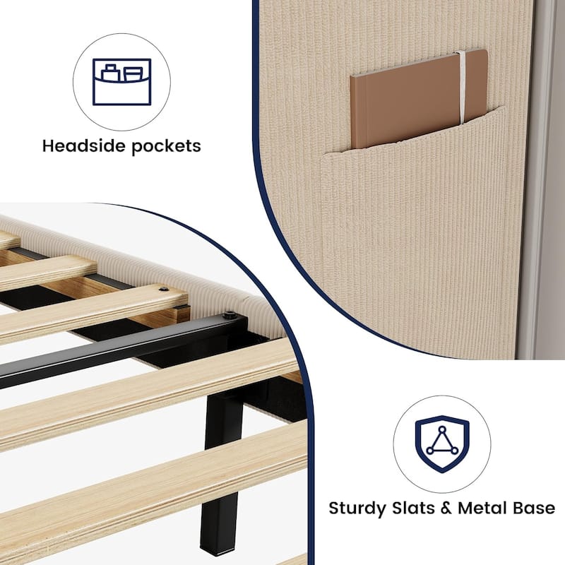 Velvet Upholstered Platform Bed with Wingback Headboard, Wood Slats Support, No Box Spring, Easy Assembly