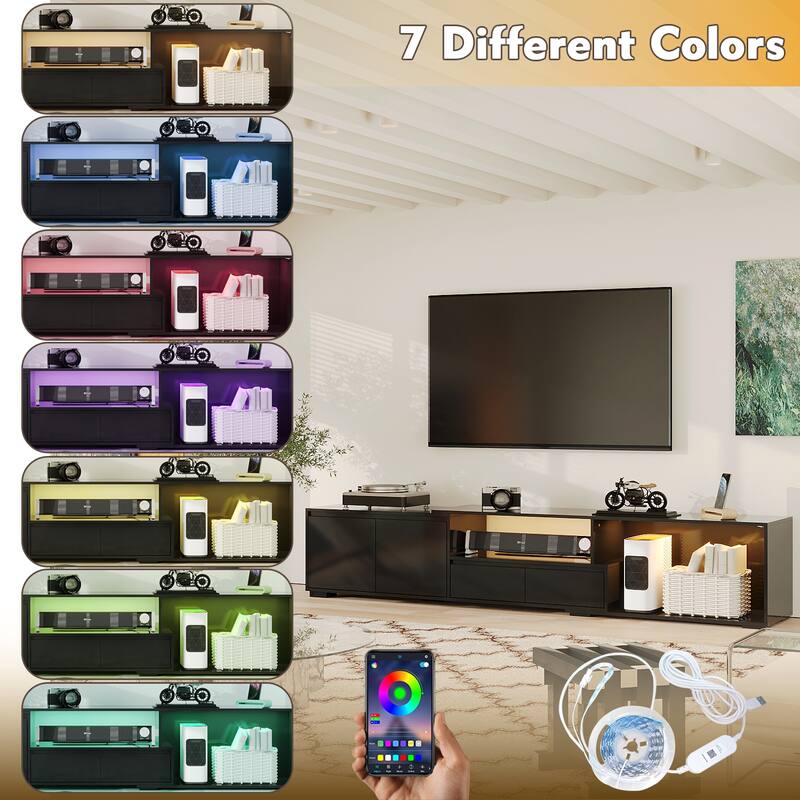 Modern Black TV Stand with LED Lighting and Expandable Open Area: Stylish, Customizable & Ultra - Practical