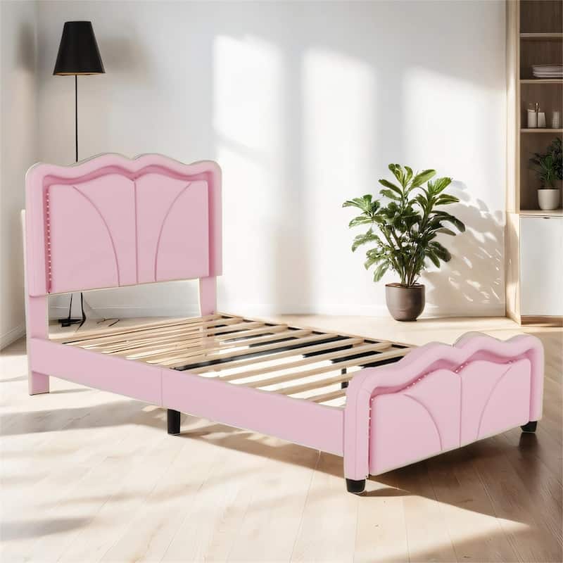 Twin Size Upholstered Platform Bed with Curve Shaped, LED Light Strips