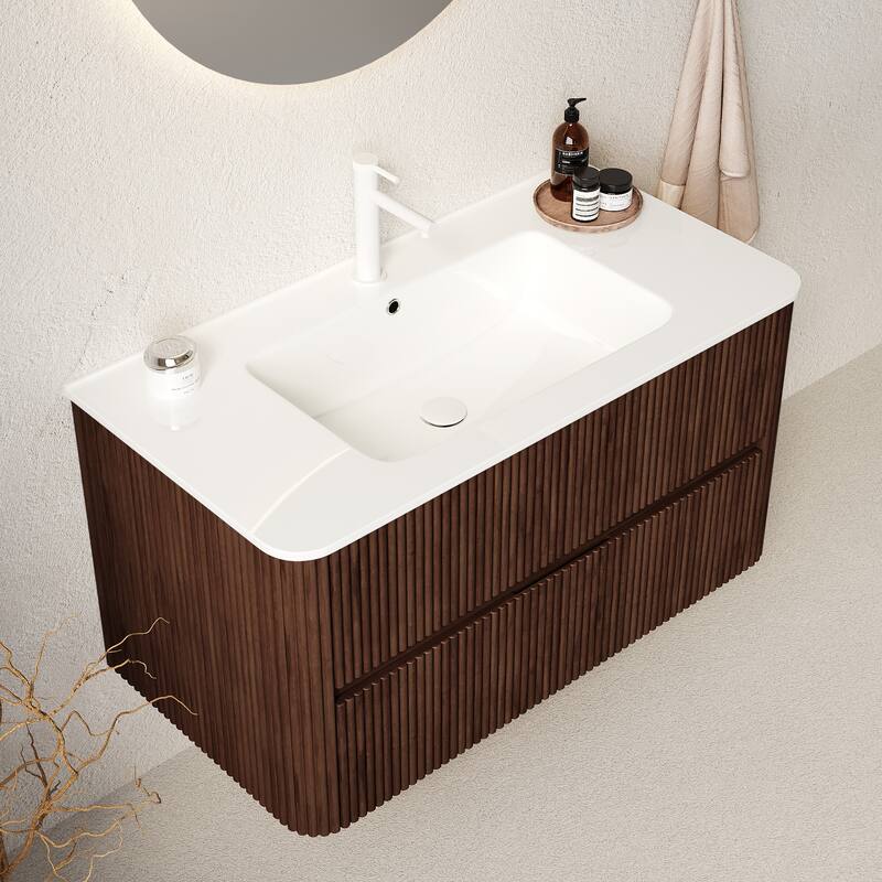 GDFStudio - Noor Modern Floating Bathroom Vanity with Dual Drawers & White Ceramic Basin, WITHOUT Faucet