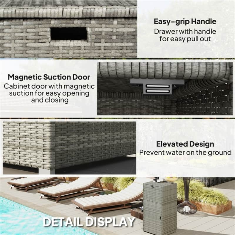 Grey Rattan Outdoor Storage Cabinet with Drawer and Magnet-Sealed Waterproof Shelves for Patio - 23.6" L x 23.6" W x 47.2" H