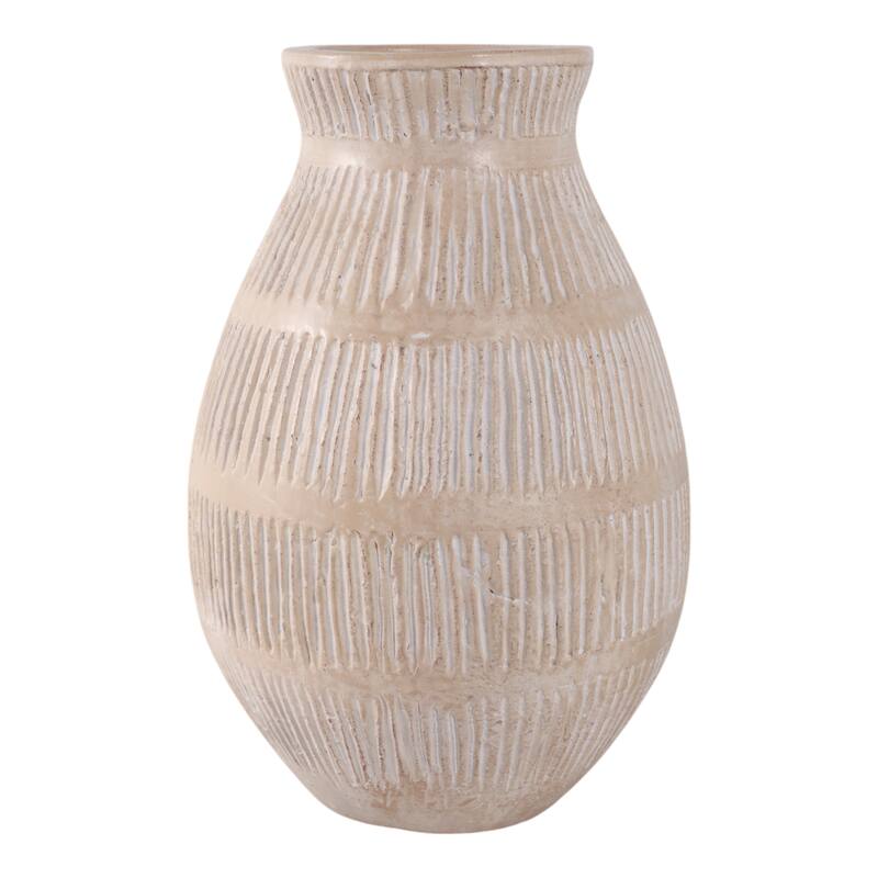 Ceramic Modern Round Flower Vase with Lines - Ivory