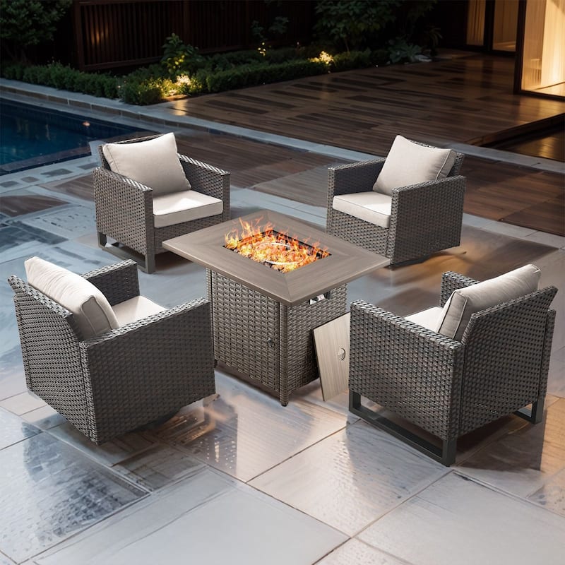 5 Pieces Fire Pit Table with Outdoor Swivel Chair Patio Chair - Brown Wicker - Beige cushion