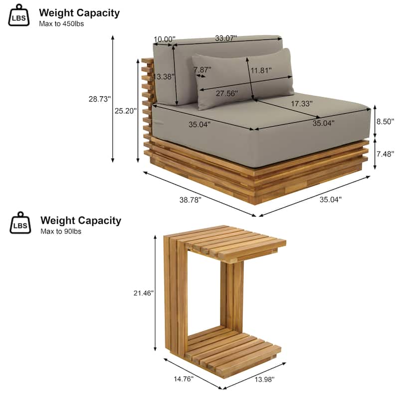Christopher Knight Home - Outdoor 2-Piece Wood Conversation Set with Cushions and Side Table