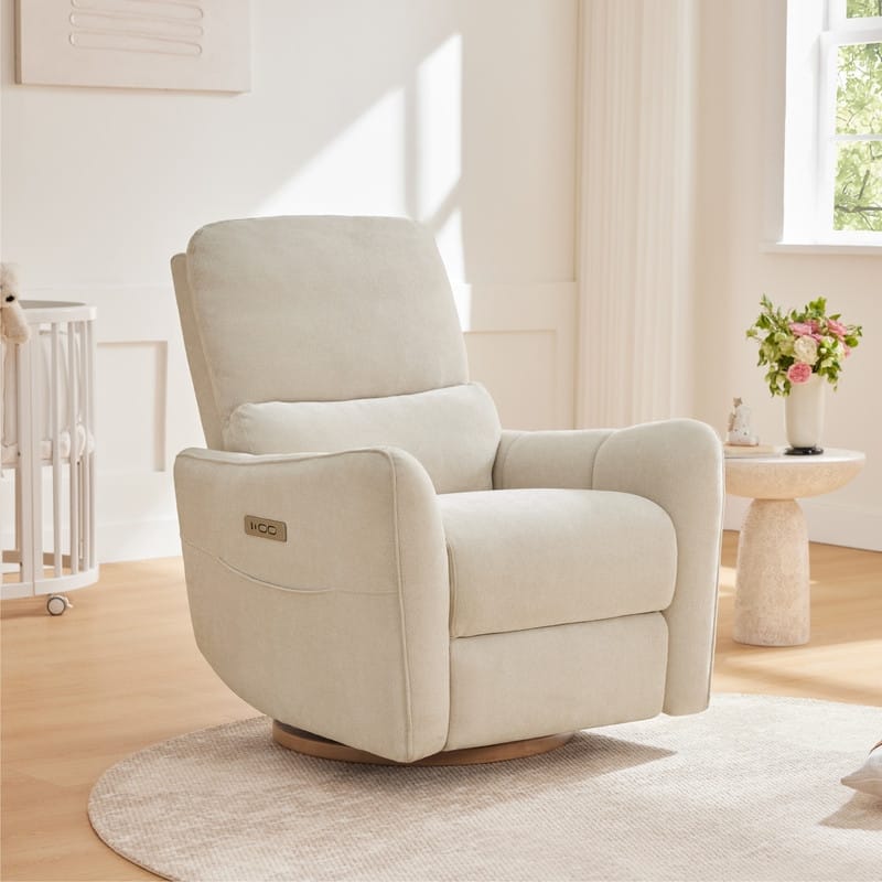 Spruce & Spring Power Swivel Recliner Chair Nursery Glider with Lumber Pillow - Cream