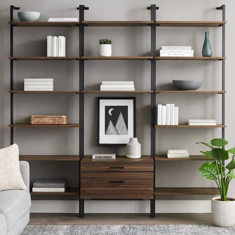 Wens 3pc Wall Mounted Bookcase Set, Shelves, 2 Drawers, Walnut Brown