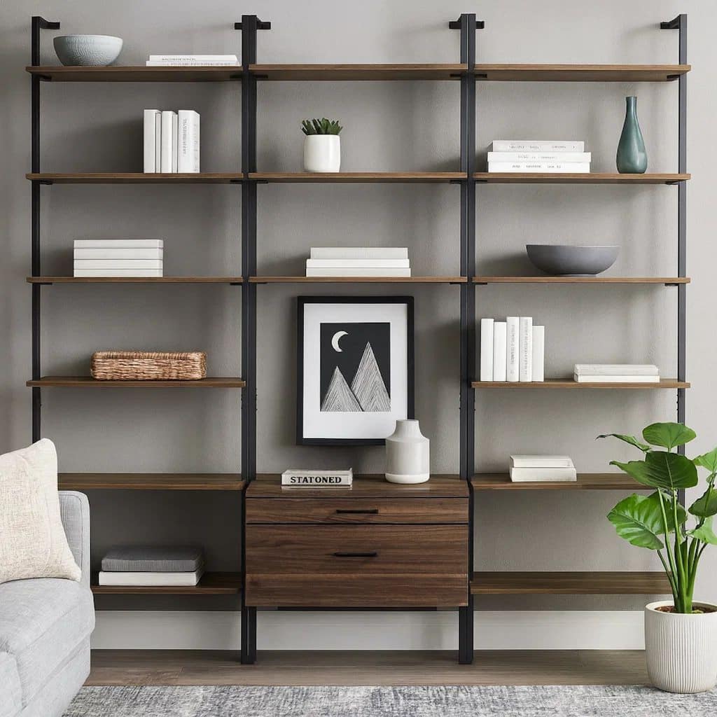 Wens 3pc Wall Mounted Bookcase Set, Shelves, 2 Drawers, Walnut Brown