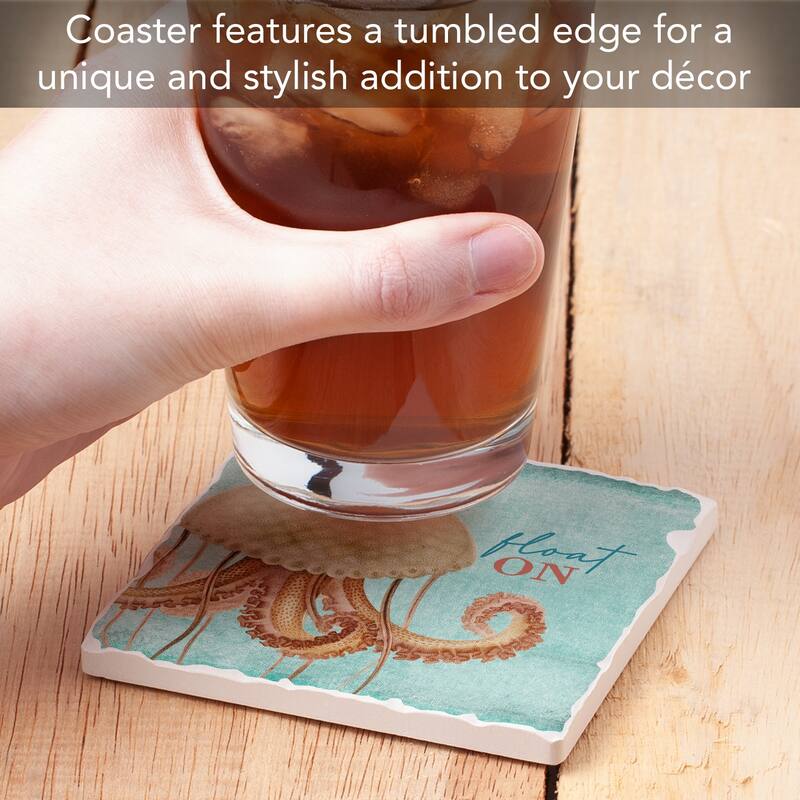 Float On 4 Pack Absorbent Stone Coasters with Cork Backing 4" Square Made in The USA Absorbent Wipes Clean