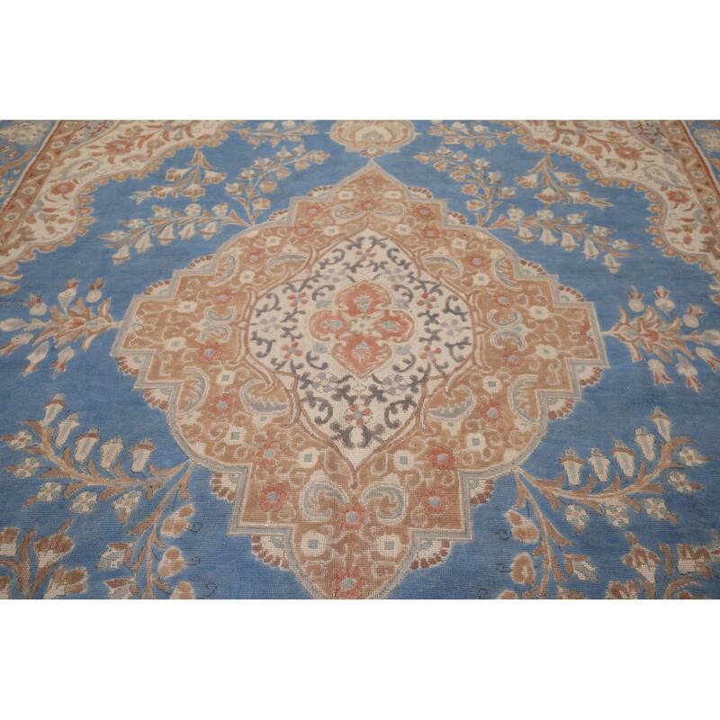 Blue Tabriz Persian Vintage Rug Hand-Knotted Wool Carpet - 9'3" x 12'11"