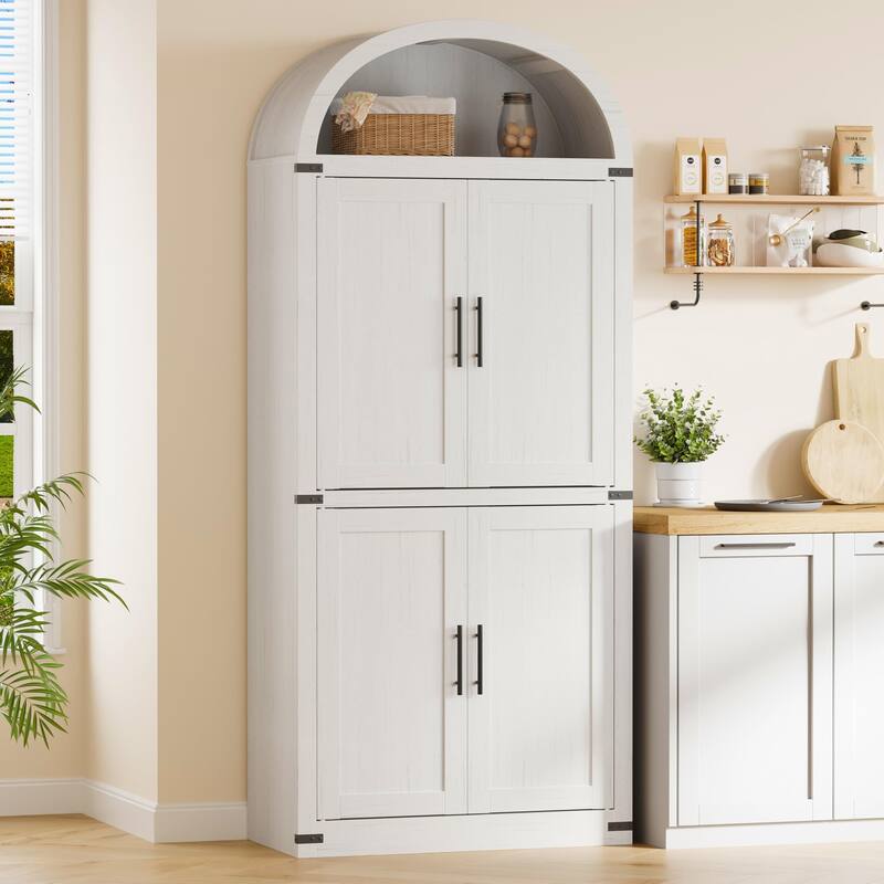 71" Tall Arched Bookshelf - Wooden Bookcase Storage Cabinet Rounded Display Storage Shelves Cabinet - White - Wood door