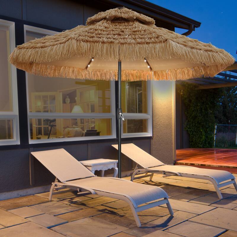 Autlaycil 9ft Hula Thatched Tiki Outdoor Umbrella with Crank & Lights - WithLights