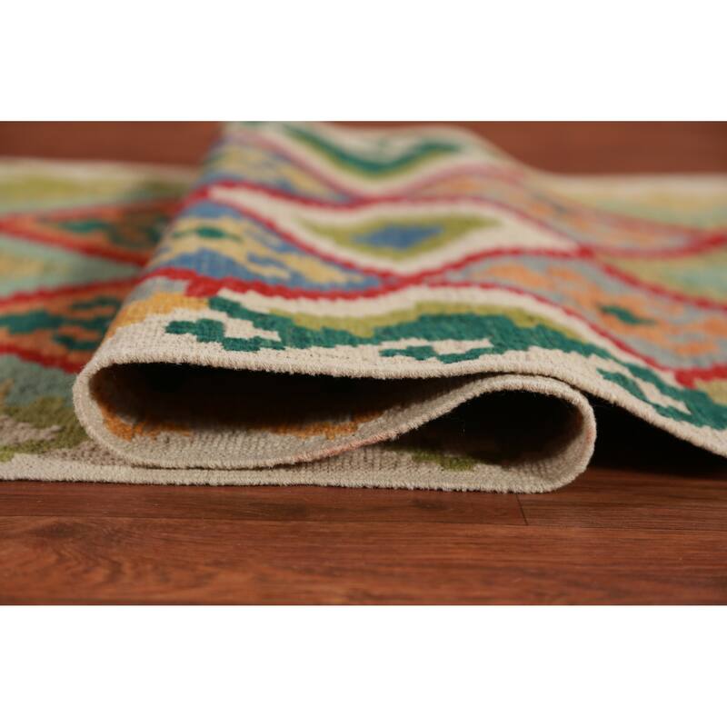 Hand Woven Oriental 100% Wool Carpet Southwestern Geometric Multi-Colored Kilim Runner Rug - 16' 2'' X 2' 9''