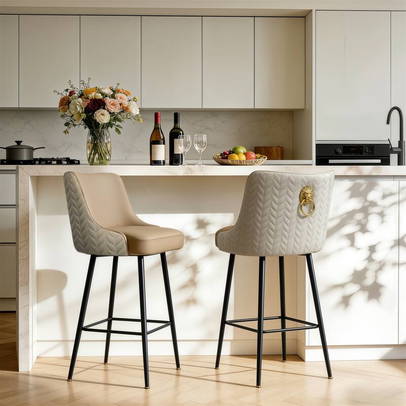 360 Swivel Upholstered Counter Height Bar Stools Kitchen Island Breakfast Chairs with Lion Head Pull Ring Footrest - Light Khaki and Creamy White - Set of 2