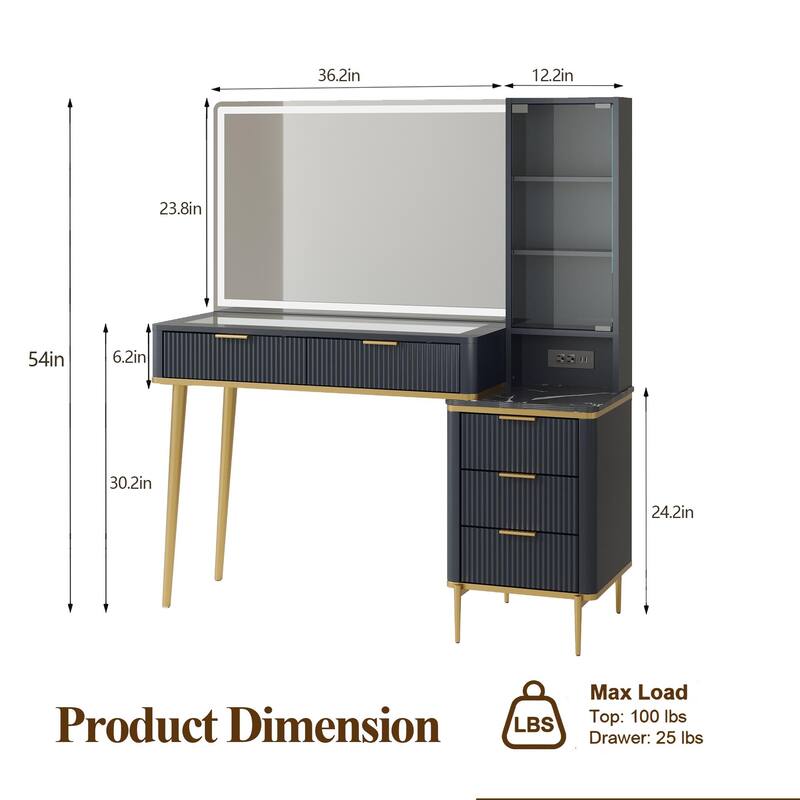 Modern Fluted Makeup Vanity Desk with Lighted Mirror, Dressing Table