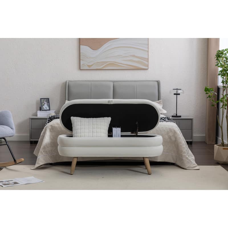 Storage Ottoman Bench with Wood Legs, 44.88" Upholstered Velvet Storage Bench for End of Bed Oval Storage Ottoman