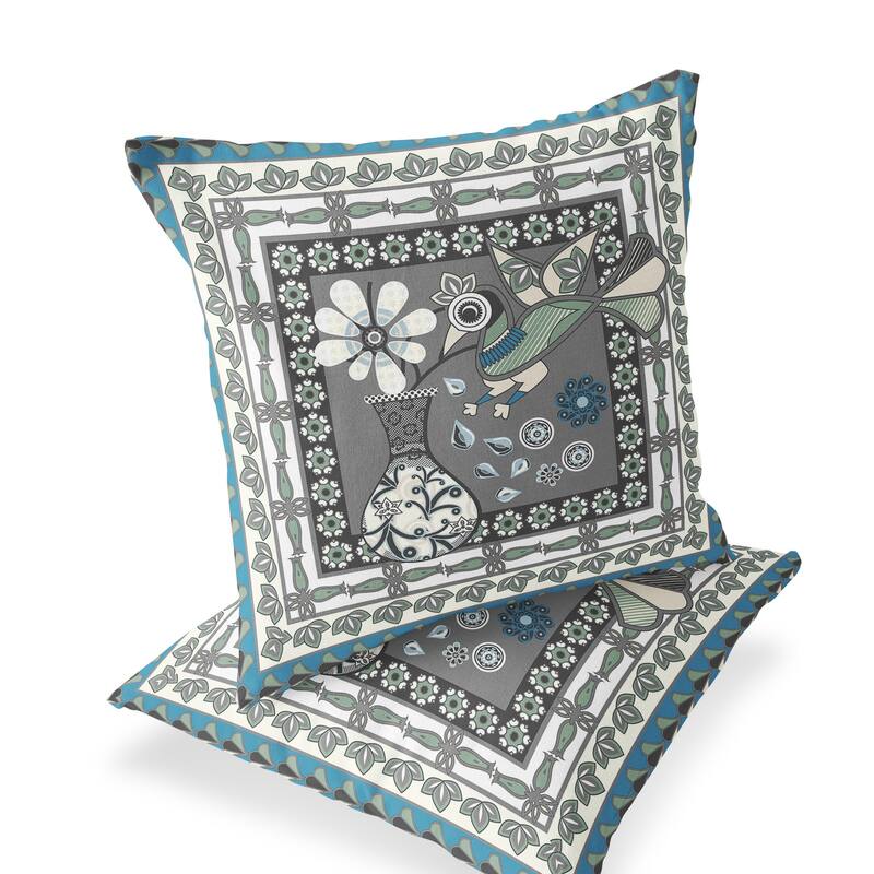 HomeRoots Set of Two 16" X 16" Black Gray and White Peacock Blown Seam Floral Indoor Outdoor Throw Pillow