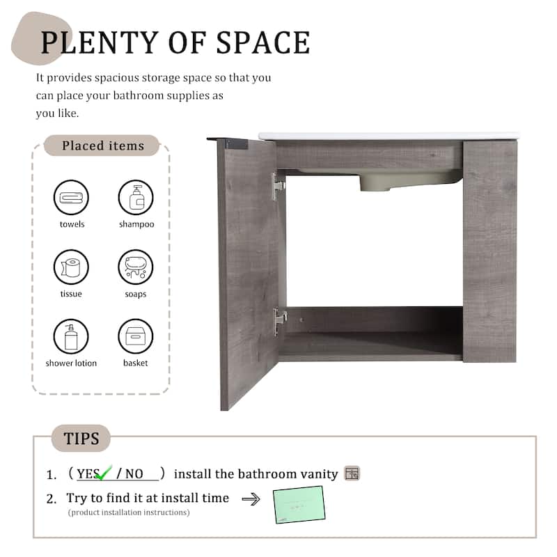 Bathroom Vanity With Sink In 22 Inch, Floating Bathroom Vanity With Soft Close Door