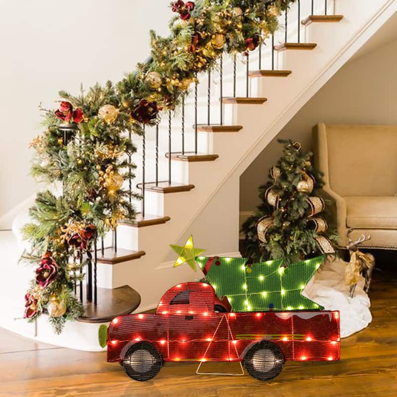 Red Truck and Green Christmas Tree Lighted LED Holiday Yard Decoration - Red/Green/Black