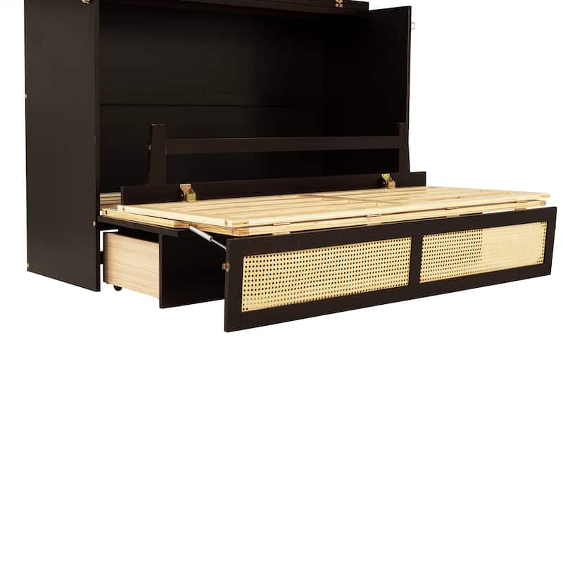 Murphy Bed, Pine Wood Cabinet Bed with Rattan Decoration and Storage Drawer