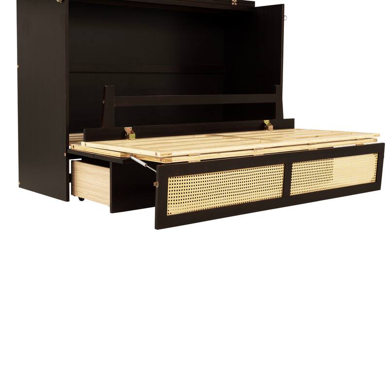 Queen Size Pine Wood Murphy Cabinet Bed with Rattan Decoration and Storage Drawer, Espresso